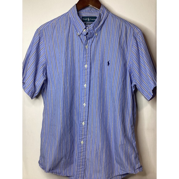 Ralph Lauren Custom Fit Mens Blue Striped Short Sleeve Button Down Shirt Size L - Picture 3 of 9